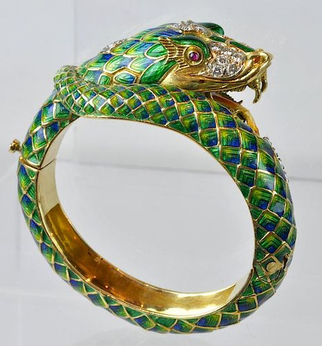 14kt Gold, Diamond & Enamel Snake Bracelet