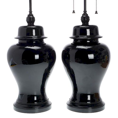 Pair black ceramic ginger jar lamps