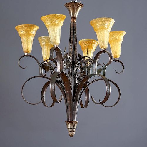 Edgar Brandt style wrought iron chandelier