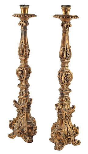 (2) ITALIAN GILTWOOD STANDING ALTAR CANDLE PRICKETS
