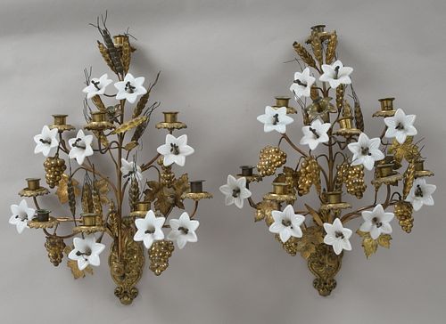 Pair of Whimsical Gilt Bronze and Pressed Glass Wall Sconces