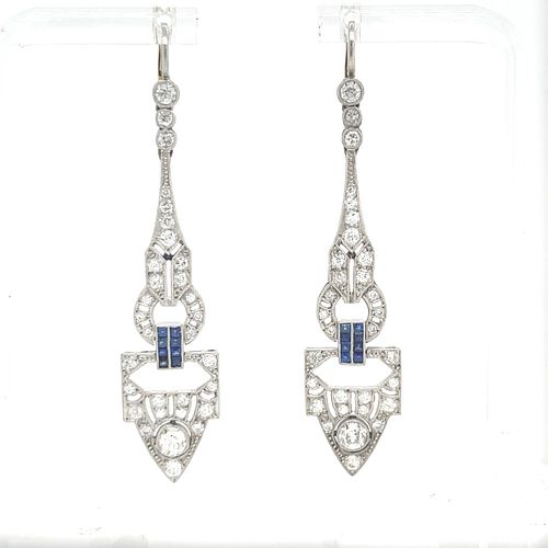 Platinum Long Art Deco Diamond Sapphire Earrings