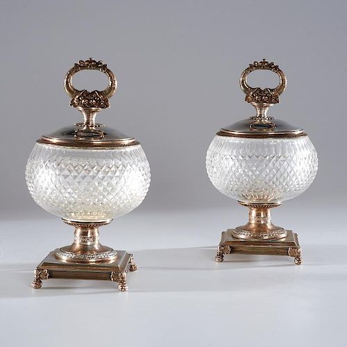Pair Louis Philippe silver mounted glass jars