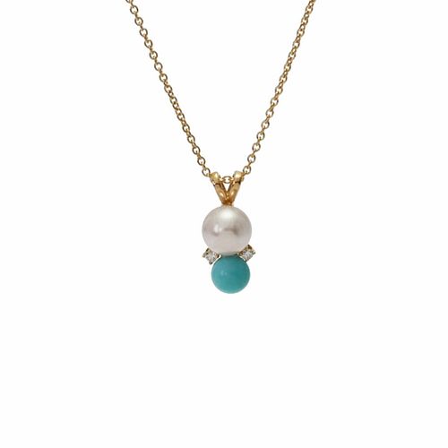 TIFFANY TURQUOISE DIAMOND PEARL 18K YELLOW GOLD NECKLACE