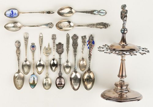 AMERICAN AND OTHER STERLING, 0.800 SILVER, AND SILVER-PLATED SOUVENIR SPOONS AND SPOON RACK, LOT OF 16