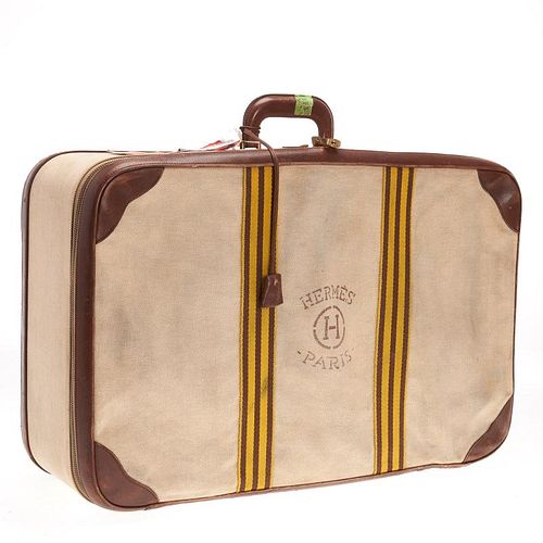 Hermes Paris toile and leather suitcase