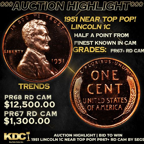 Proof ***Auction Highlight*** 1951 Lincoln Cent Near Top Pop! 1c Graded pr67+ rd cam BY SEGS (fc)