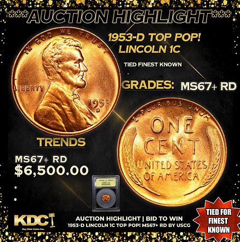 ***Auction Highlight*** 1953-d Lincoln Cent TOP POP! 1c Graded GEM++ RD BY USCG (fc)