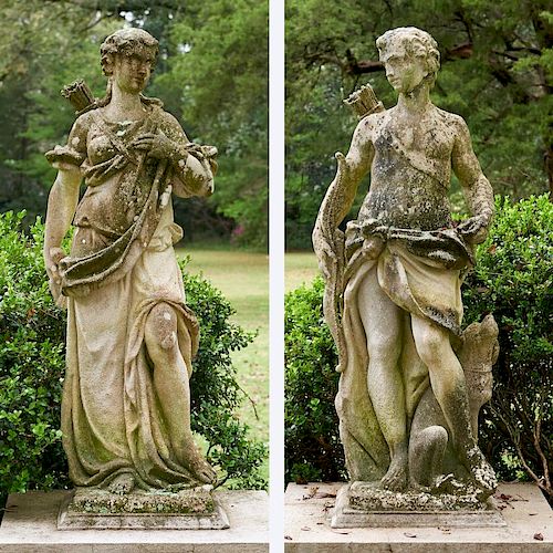 Pair antique cast stone garden figures