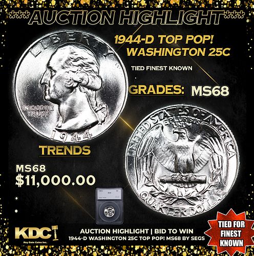 ***Auction Highlight*** 1944-d Washington Quarter TOP POP! 25c Graded ms68 BY SEGS (fc)
