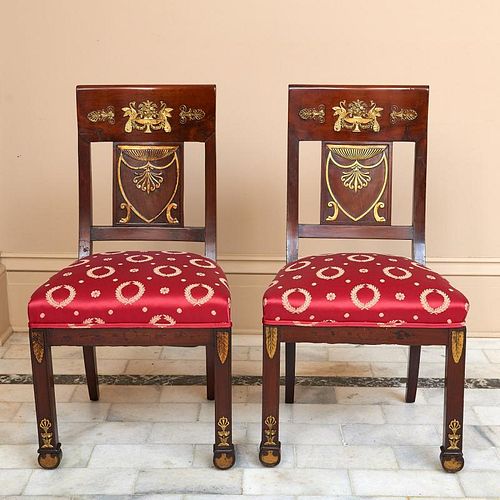 Pair Restauration bronze mounted mahogany chaises