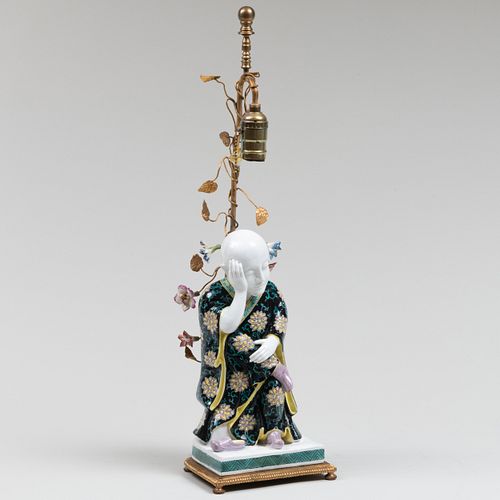 French Famille Noire Porcelain Figure of a Luohan Mounted as a Lamp