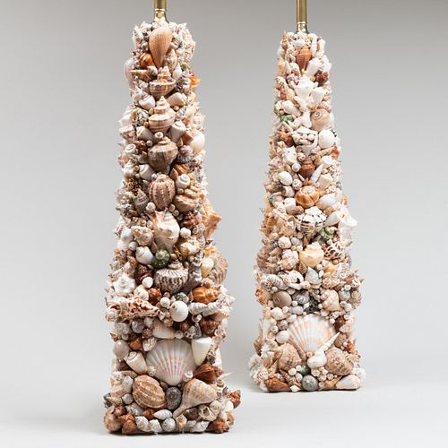 Pair of Shell Encrusted Obelisk-Form Lamps