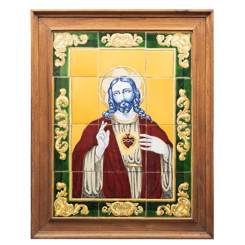 SAGRADO CORAZÓN DE JESÚS. SXX. Azulejos policromados; marco de madera. 
78 x 58 cm.