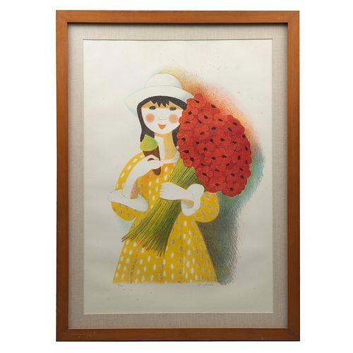 TRINIDAD OSORIO, Niña con flores, Firmada, litografía 93/100, 88 x 60 cm