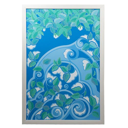 FLORA GUERRERO GARRO (México, 1953 - ), Primavera en azul, Acrílico y pastel sobre lienzo, 120 x 80 cm