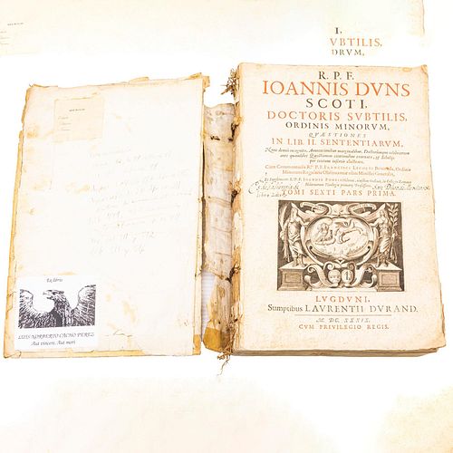 R. P. F. Ioannis Duns Scoti. Ordinis Minorvm qvaestiones. Lvgdvni: Lavrentii Dvrand, 1639. 548 p.  Con marcas de fuego.