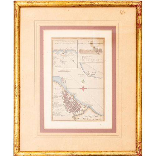 La Vera - Cruz or ST. Juan de Ulua. Plano grabado coloreado, 18 x 12.5 cm. Insertos: " A view of the Town & Port of la Verra Cruz...