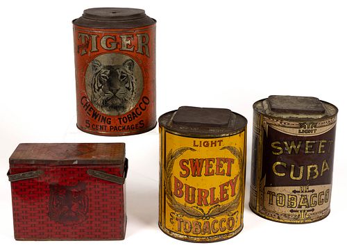 TIGER AND OTHER ADVERTISING LARGE TOBACCO TINS, LOT OF FOUR