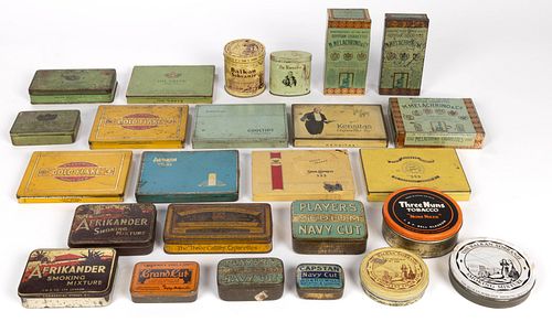 BRITISH AND OTHER ADVERTISING TOBACCO AND CIGARETTE TINS, LOT OF 25