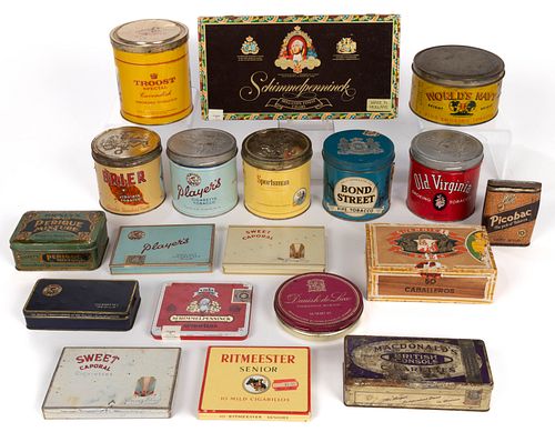 CANADIAN AND OTHER FOREIGN ADVERTISING TOBACCO TINS AND RELATED ARTICLES, LOT OF 19