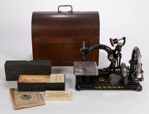 ANTIQUE NATIONAL CAST-IRON B. ELDREDGE AUTOMATIC SILENT SEWING MACHINE WITH CASE