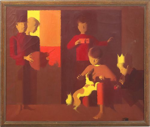 Miljenko Stancic, (Yugoslavia, 1926-1977) Boys and Dog, Oil on Canvas