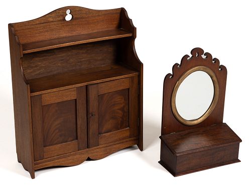 AMERICAN OR BRITISH MAHOGANY HANGING CABINET AND SHAVING MIRROR, LOT OF TWO