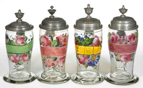 EUROPEAN BLOWN AND DECORATED GLASS STEINS, LOT OF FOUR