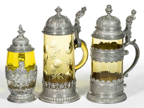 VICTORIAN METAL AND GLASS STEINS, LOT OF THREE