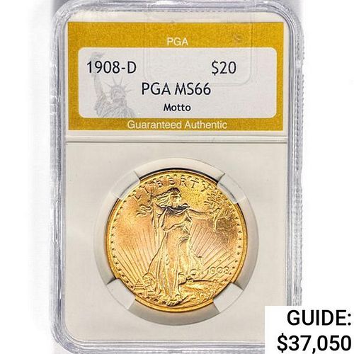 1908-D $20 Gold Double Eagle PGA MS66 Motto