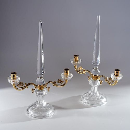 Pair Regency style crystal and bronze candelabra