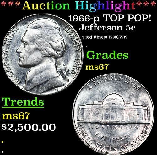 ***Auction Highlight*** 1966-p Jefferson Nickel TOP POP! 5c Graded ms67 BY SEGS (fc)