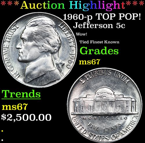 ***Auction Highlight*** 1960-p Jefferson Nickel TOP POP! 5c Graded ms67 BY SEGS (fc)