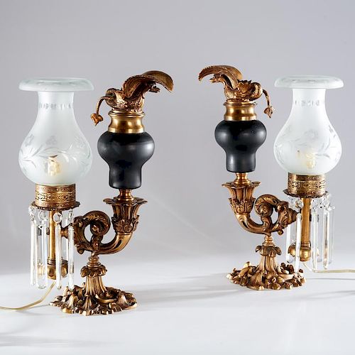 Pair Victorian bronze Argand lamps