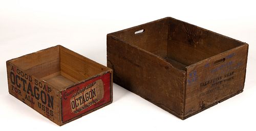 RICHMOND, VIRGINIA VALENTINE'S MEAT JUICE AND OCTAGON SOAP WOODEN ADVERTISING CRATES, LOT OF TWO