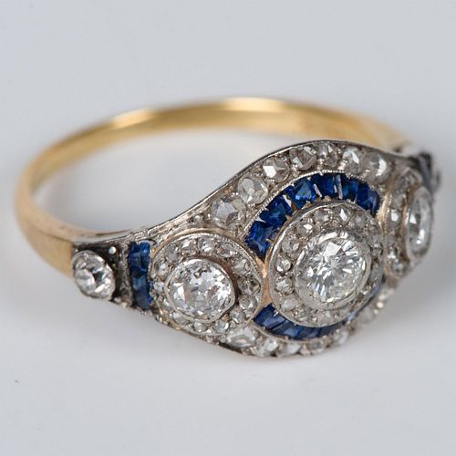 Art Deco 18K Gold, Diamonds and Sapphire Ring