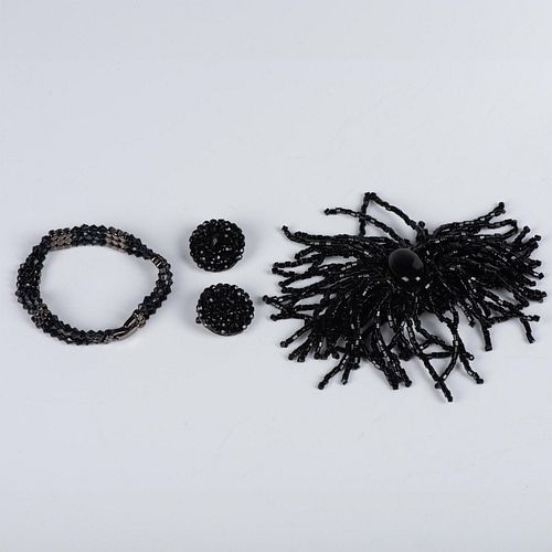 3pc Gorgeous Black Beaded Clip-On Earrings, Bracelet and Pin