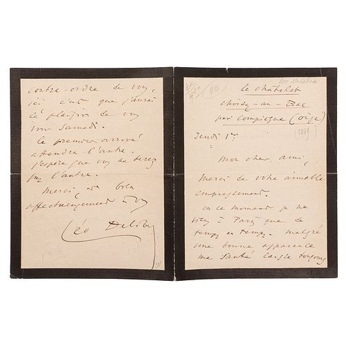 Delibes, Léo. Carta Esquela, autógrafa.  Paris. ca. 1889.