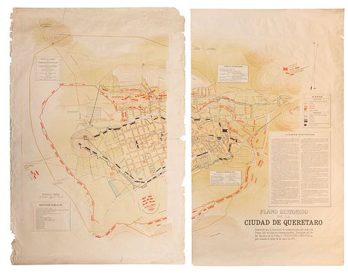 Carranza, Venustiano. Plano Histórico de la Ciudad de Querétaro. México,1917. Impresión en 2 partes: 107.5x73 y 107.5x64 cm. Pzs: 2