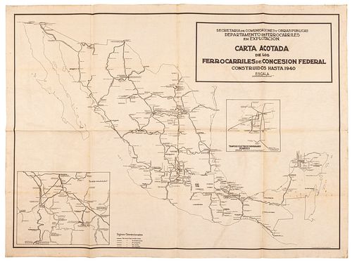 Secretaría de Comunicaciones y O. Públicas... Carta Acotada de los Ferrocarriles... Construidos Hasta 1940. 68 x 92 cm.