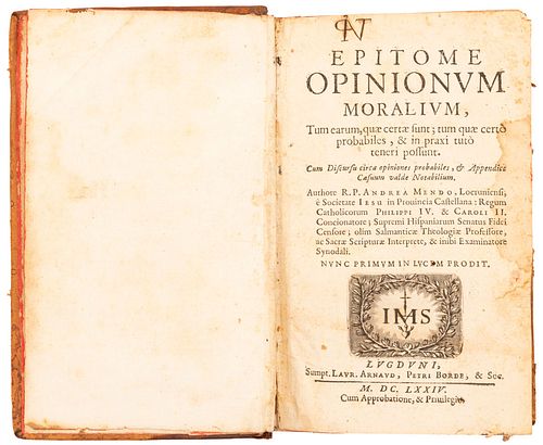Mendo, Andrea. Epitome Opinionum Moralium. Lugduni, 1674. Portada con grabado.