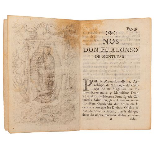 Montufar, Alonso de. Mandamiento, Reglas y Ordenanzas. México, 1803. Grabado de la Virgen de Guadalupe.