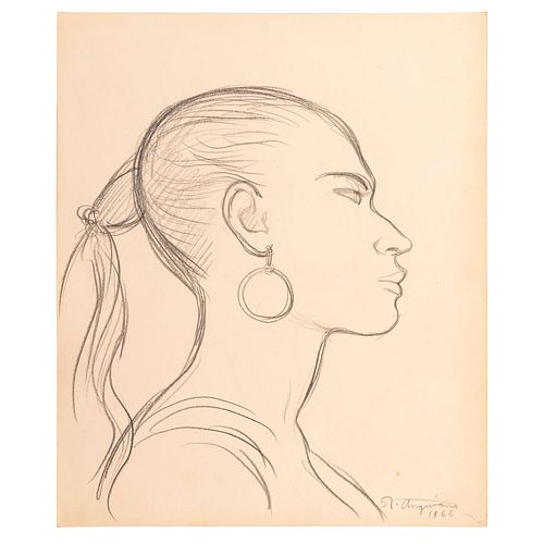 Anguiano, Raúl. Perfil de Bailarina.  Dibujo, grafito sobre papel, 42.5 x32.5 cm. Firmado, fechado 1955.