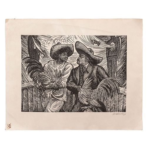 Méndez, Leopoldo. Pelea de Gallos.  Linoleo, 43 x 53.5 cm. Firmado. Con sello del Taller de Gráfica Popular.