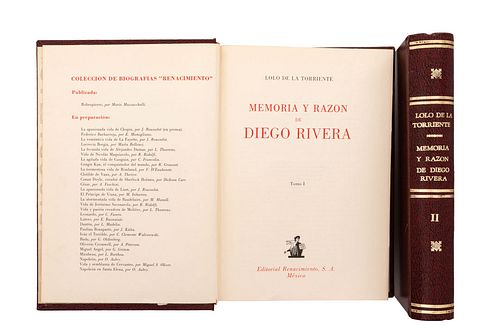 Torriente, Lolo de la. Memoria y Razón de Diego Rivera. México: Editorial Renacimiento, 1959. Tomos I-II. Piezas: 2.