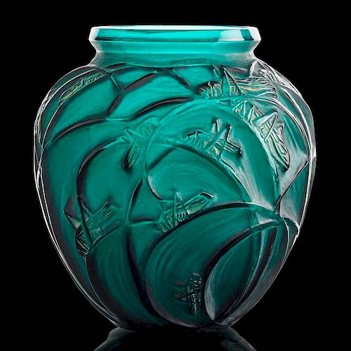 LALIQUE "Sauterelles" vase, green glass