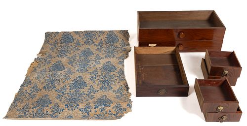 ASSORTED DRAWERS AND HISTORIC WALLPAPER FRAGMENT, LOT OF EIGHT