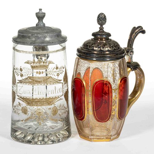 BOHEMIAN GILT-DECORATED GLASS STEINS, LOT OF TWO