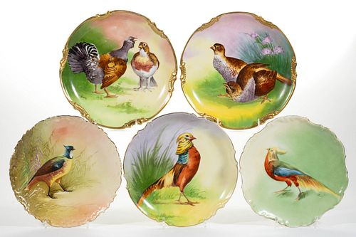 FRENCH LIMOGES GAME BIRD MOTIF PORCELAIN PLAQUES, LOT OF FIVE